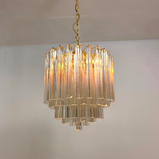 Mid-Century Modern Mid-Century Italian Murano Glass 5-Tiered Chandelier with Brass Frame by Paolo Venini for Venini, 1980s For Sale - Image 3 of 14