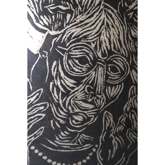 Black Vintage Original Homage to Dona Figural Stylized Lewis 82' Block Print Portrait For Sale - Image 8 of 11