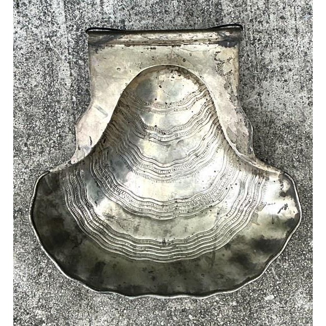 Late 20th Century Vintage Hand Hammered Metal Oyster Shell Serving Bowl For Sale - Image 5 of 13