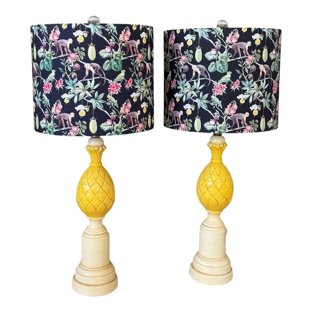 Mid-20th Century Pineapple Table Lamps With Whimsical Monkey Print Shades – Pair For Sale