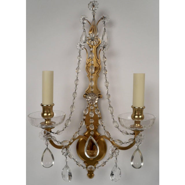 This fine pair of sconces by The Sterling Bronze Co. have there original finish and prisms and are newly wired.