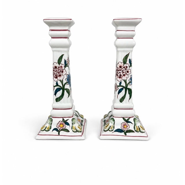 Traditional Pair of Erica for Zrike Hand-Painted Floral Ceramic Candlesticks For Sale - Image 3 of 5