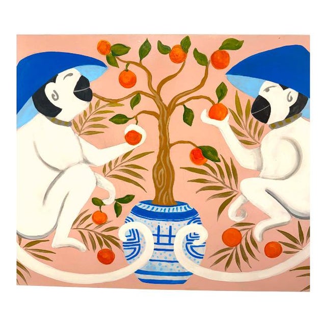 Two whimsical white monkeys, perched in perfect symmetry, share a quiet moment beneath a flourishing orange tree. Dressed...