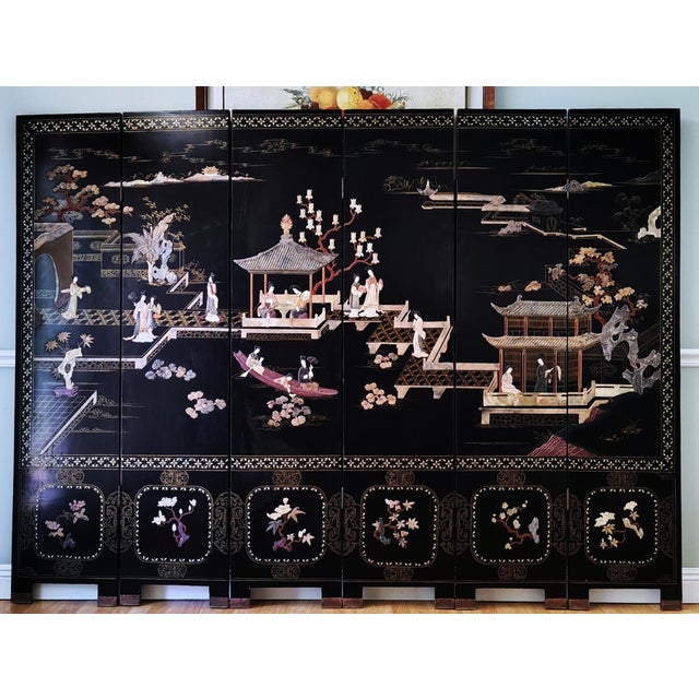 Mid 20th Century Chinese Export Six Panel Carved Soapstone Coromandel Screen For Sale - Image 15 of 16