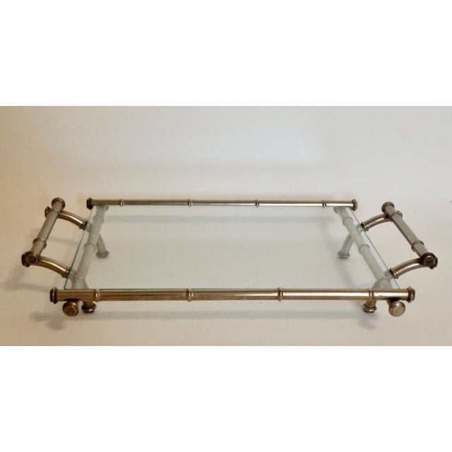 Metal Mid Century Modern Silver & Glass Faux Bamboo Serving Drinks Cocktail Tray For Sale - Image 7 of 12