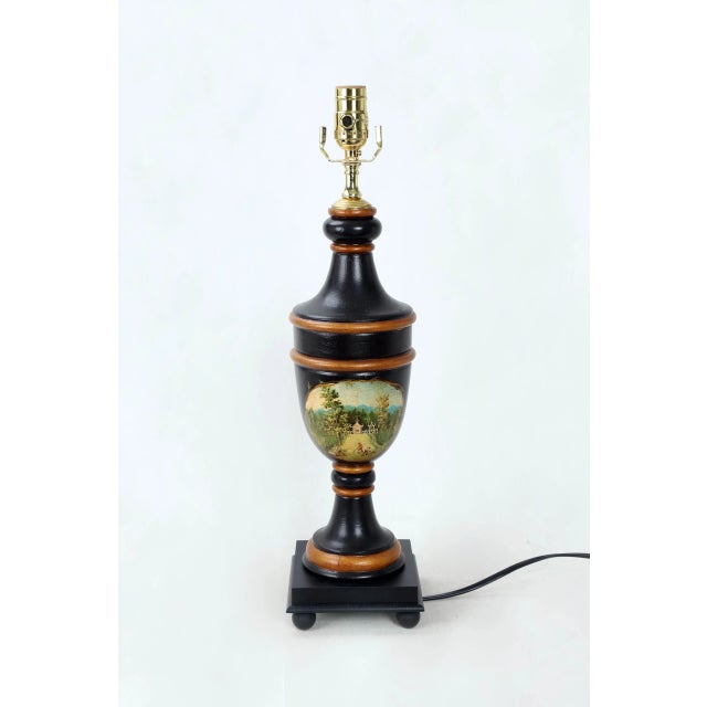 Black Vintage Black and Gold Color Trophy Lamp With Painted Scene For Sale - Image 8 of 8