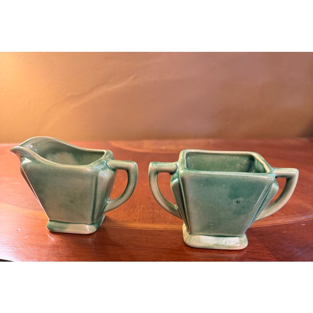 Van Briggle Anna Van Briggle Art Deco Pottery Green Glaze Creamer & Sugar ca.1955 For Sale - Image 4 of 13