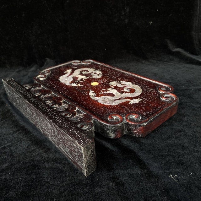 Vintage Chinese Zitan Wood Table Screen With Mother of Pearl "Two Dragons" Inlay For Sale - Image 9 of 9