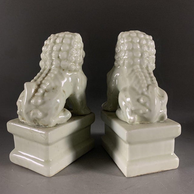 Vintage Pair of Chinese Celadon Glaze Ceramic Foo Dogs / Guardian Lions on Pedestals For Sale In New York - Image 6 of 6