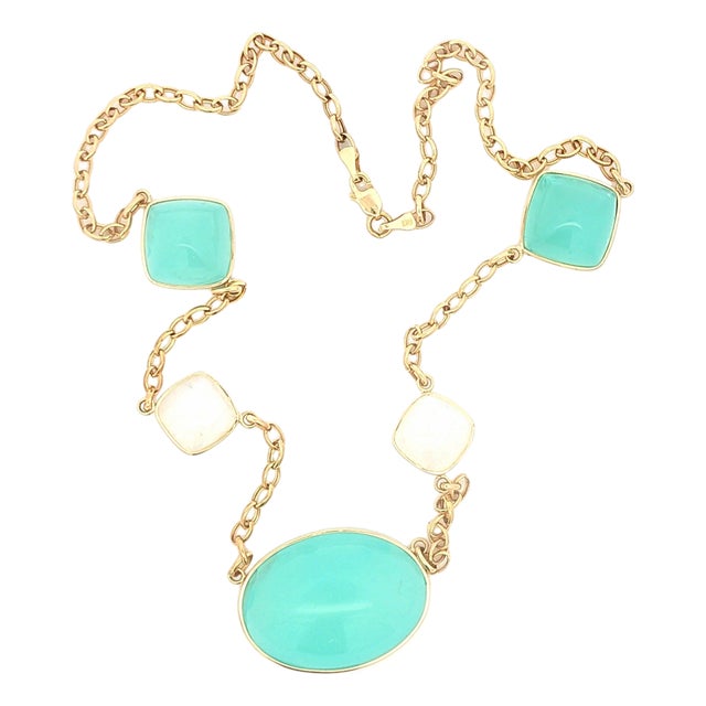 14k Gold Chalcedony and Moonstone Station Necklace For Sale