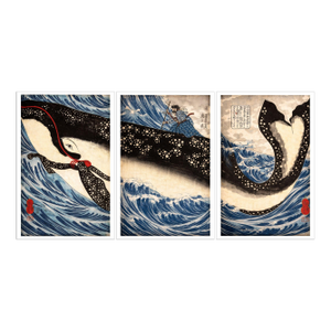 Japanese Whale Triptych, Kuniyoshi Ocean Scene, Coastal Nautical Art Print Set of 3, 24" × 36"