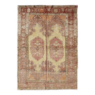 Vintage Oushak Rug With Two Medallion Panels in Yellow, Brown, Orange and Soft Red For Sale