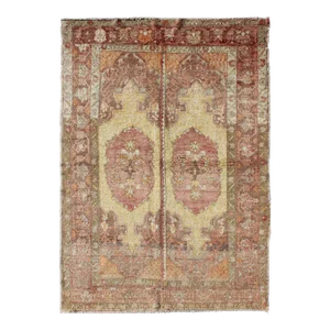 Vintage Oushak Rug With Two Medallion Panels in Yellow, Brown, Orange and Soft Red