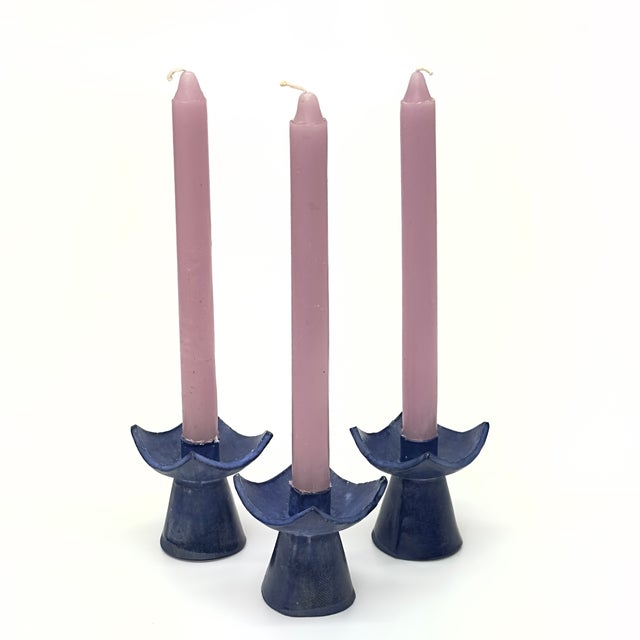 Mid-Century Modern Asian-Inspired Artisanal Matte Indigo Candle Holders - Set of 3 For Sale - Image 3 of 8