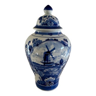 1970s Royal Delft Dutch Windmill Blue and White Tea Jar For Sale