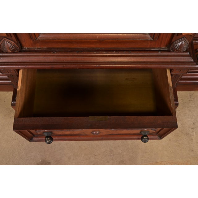 Wood Herter Brothers Style Antique Eastlake Victorian Carved Walnut and Burl Wood Triple Bookcase Cabinet, Circa 1880s For Sale - Image 7 of 14