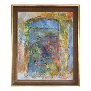 Mid-Century Modern 'Chair by the Archway' Vintage Swedish Abstract Interior Oil Painting, Framed