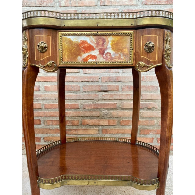 Mid 20th Century Carved Wood Kidney Shaped Bedside Tables with Bronze and Marble Top, Set of 2 For Sale - Image 13 of 18