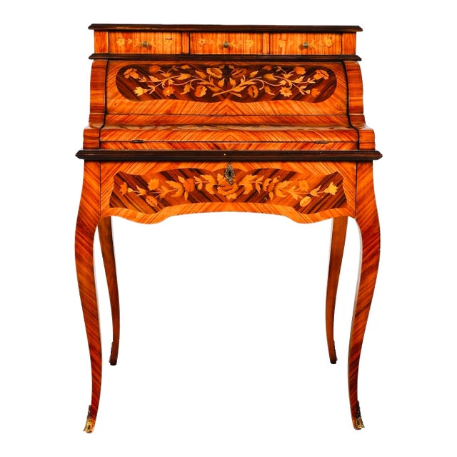 1970s Striking Italian Inlaid Tambour Secretary Desk / Petite Marquetry Writing Desk With Automatic Roll Top For Sale