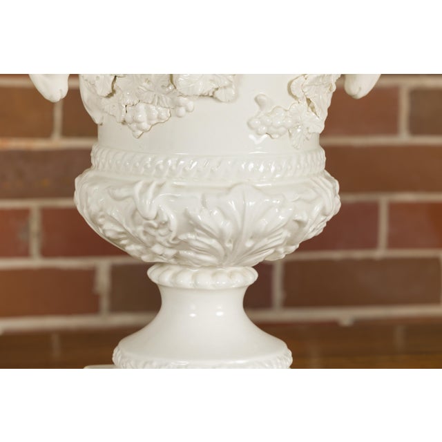 Pair of Blanc de Chine Midcentury Urns with Rams Heads and Ivy Leaves For Sale - Image 4 of 12