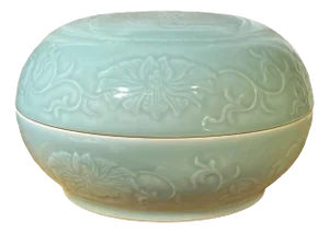 Chinoiserie Hand Carved Celadon Box W/ Peony and Chrysanthemum Flowers 9.5" D