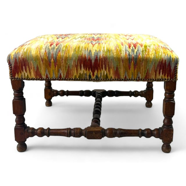Wood Louis XIII French Velvet Ottoman, France For Sale - Image 7 of 18