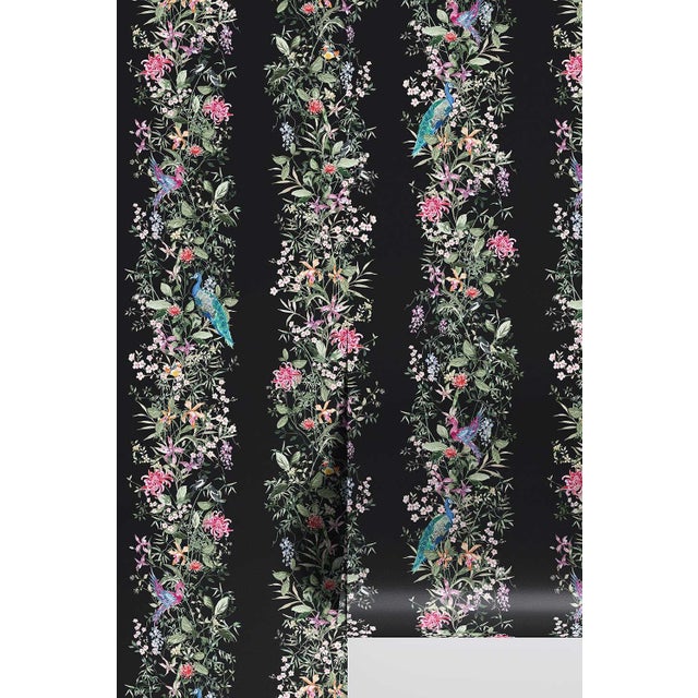 Mahjong Floral Stripe Grasscloth Wallpaper by House Party | Blank Black | 6 Yards For Sale