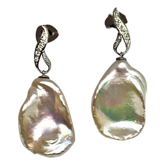 Diamond Large Fresh Water Pearl Earrings Baroque 14k Gold Certified For Sale