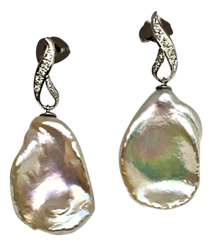 Diamond Large Fresh Water Pearl Earrings Baroque 14k Gold Certified