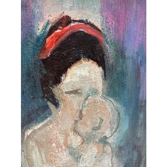 Oil on Board Painting of Mother and Child. Signed bottom right Emil Kashou 1974. Heavy applied paint gives a beautiful...