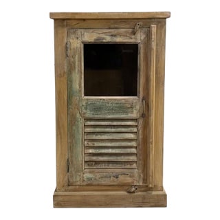 1990s Farmhouse Style Distressed Wood Narrow Cabinet With Glass | 24" Wide Rustic Cabinet For Sale