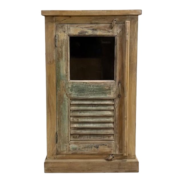 1990s Farmhouse Style Distressed Wood Narrow Cabinet With Glass | 24" Wide Rustic Cabinet For Sale