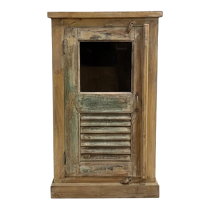 1990s Farmhouse Style Distressed Wood Narrow Cabinet With Glass | 24" Wide Rustic Cabinet