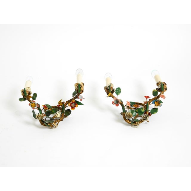 Floral Wall Lamps in Metal with Hand-Painted Details, Italy, 1950s, Set of 2 For Sale - Image 14 of 17