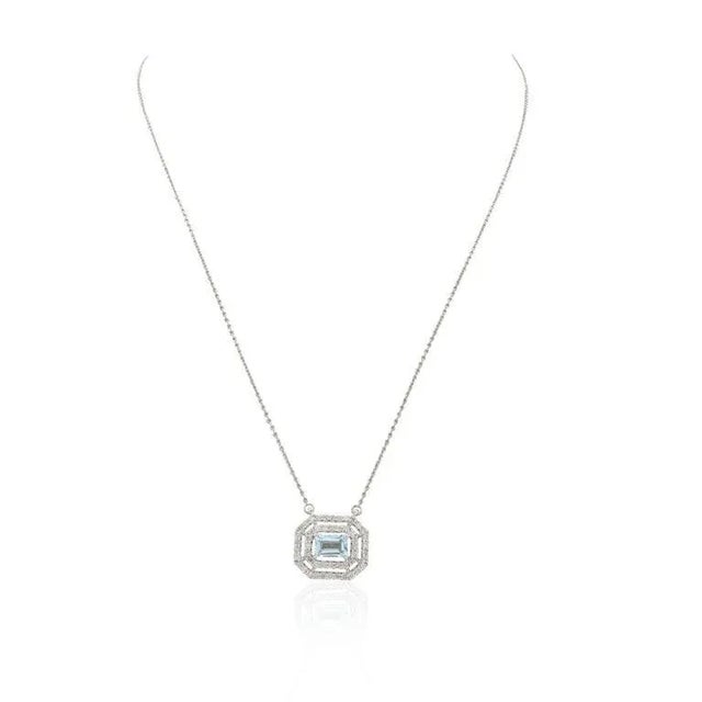 Double Halo Diamond Accents With Natural Aquamarine 14k Gold Necklace For Sale - Image 4 of 11