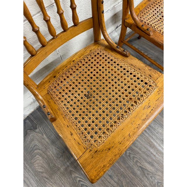 Traditional Vintage Spindle Back Caned Seat Solid Oak Dining Chairs For Sale - Image 3 of 12