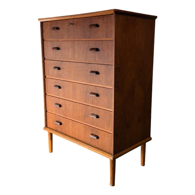 Vintage Danish Modern Teak Tall Chest of Drawers, 6 Drawer Highboy Commode, 1960s For Sale