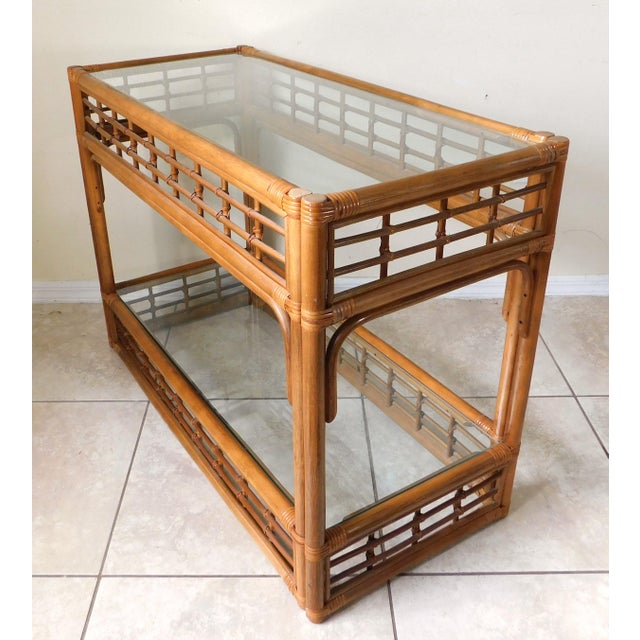 Vintage Mid Century Rattan Bamboo Wicker Glass Top Sofa or Console Table For Sale - Image 10 of 12