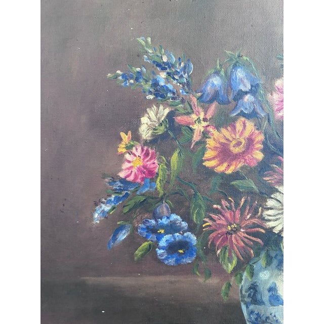 Vintage Original Floral Oil Painting With Blue and White Vase For Sale - Image 6 of 15