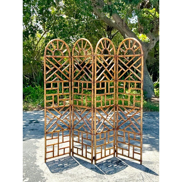 Late 20th Century Vintage Boho Chinese Chippendale Bamboo Arched Folding Screen For Sale - Image 5 of 5