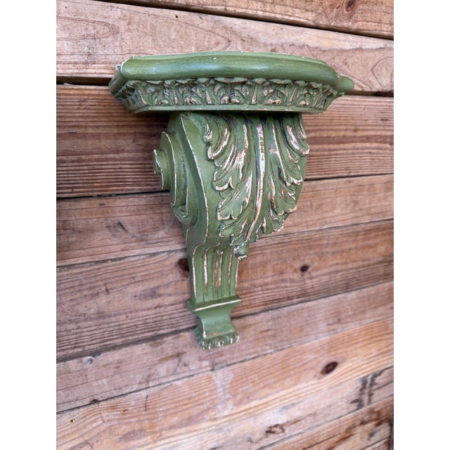 Green Pair of Carved Acanthus Wall Bracket Shelves / Corbels in Distressed Green Finish For Sale - Image 8 of 11