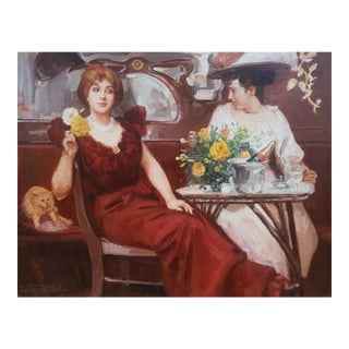 Zeytline Leon - Belle Epoque Scene - Women in Paris - Large Oil on Canvas - Circa 1930 For Sale