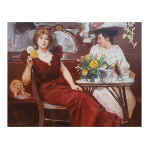 Zeytline Leon - Belle Epoque Scene - Women in Paris - Large Oil on Canvas - Circa 1930