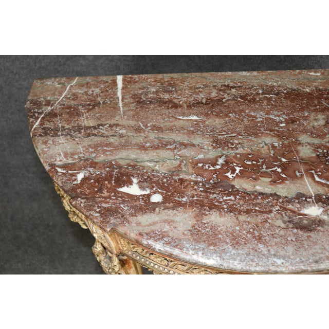 19th Century French Louis XVI Style Distressed Demilune Marble Top Console Table For Sale - Image 13 of 15