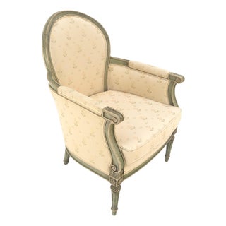 Paint Decorated Painted Olive Green Carved Ballon Back Arm Chair MINT For Sale