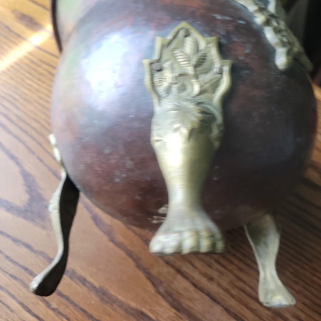 Copper Antique Helmut Coal Scuttle Hand-Raised Seamless Hand Hammered Copper Brass Accents Footed For Sale - Image 8 of 14