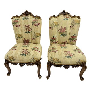 Small Louis XV Style Armchairs in Curved Carved Wood with Floral Fabric, 1940s, Set of 2 For Sale