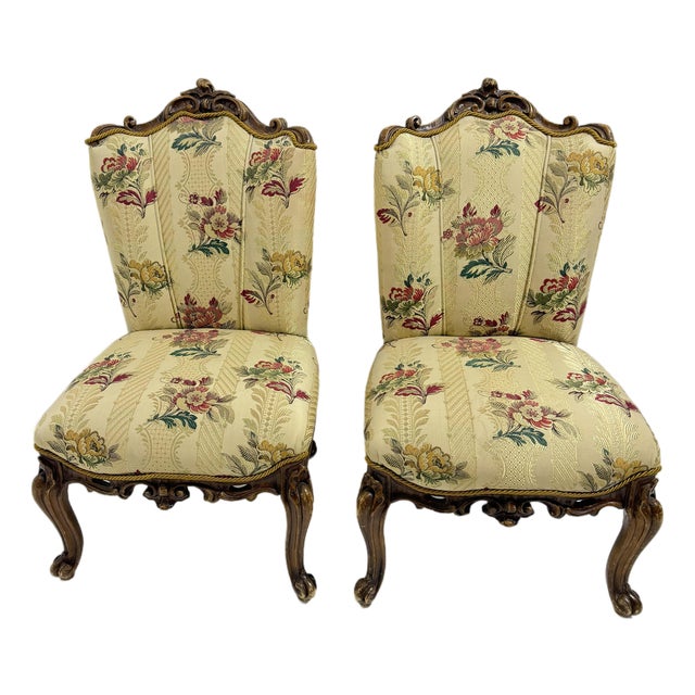 Small Louis XV Style Armchairs in Curved Carved Wood with Floral Fabric, 1940s, Set of 2 For Sale
