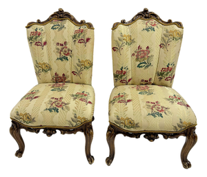 Small Louis XV Style Armchairs in Curved Carved Wood with Floral Fabric, 1940s, Set of 2