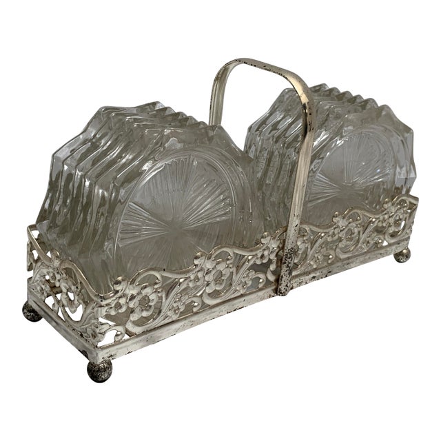 Vintage Midcentury Glass Coasters & Silver Holder-Set of Twelve For Sale
